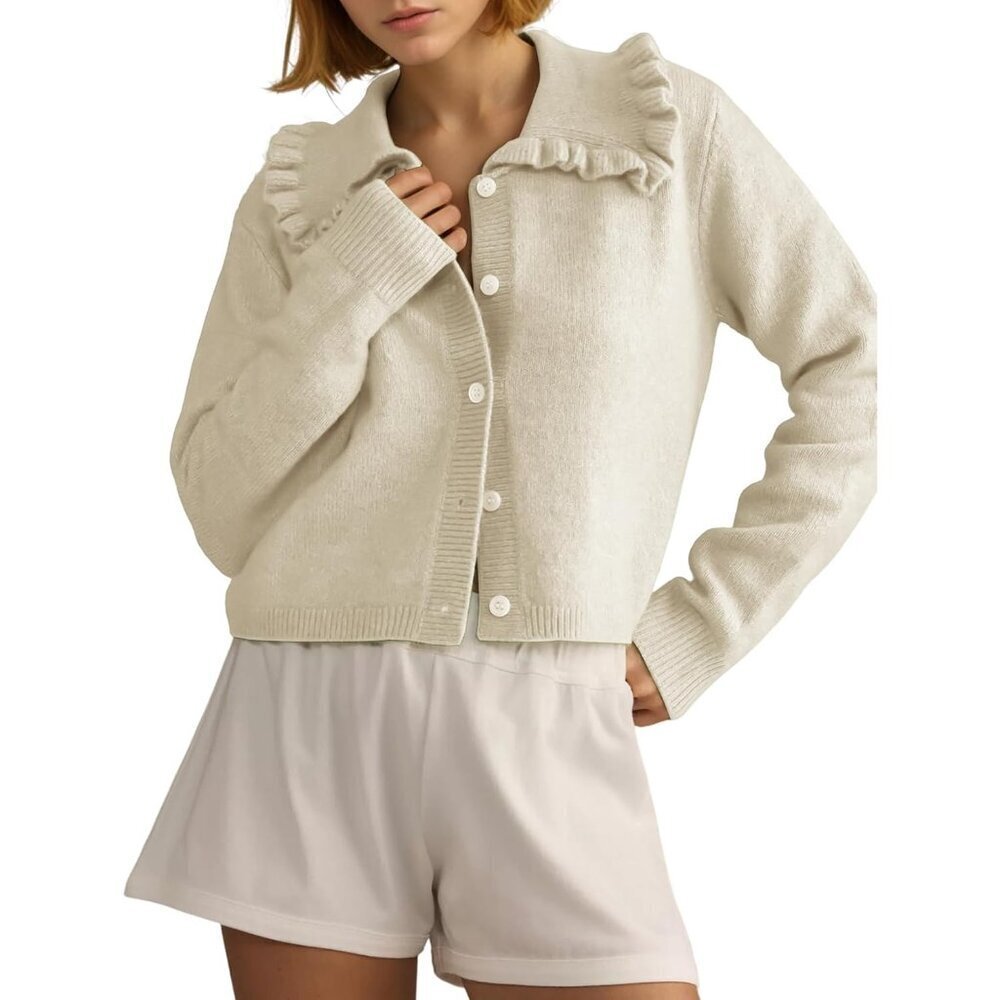 Women's Cropped Knit Cardigan Ruffle Collar Button Long Sleeve Fall Outfit